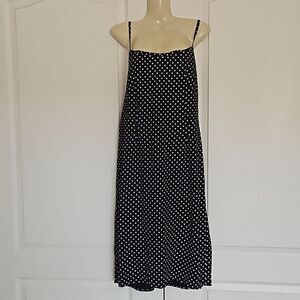 Women's Custom-Made Polka Dot Spaghetti Straps A-line Midi Dress M/L Black/White